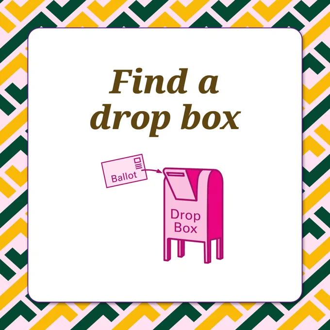 “Find a drop box” in English above “VoteWA.gov”. Also illustrated is a mobile phone showing a map with a location marker, and a ballot going into a drop box.