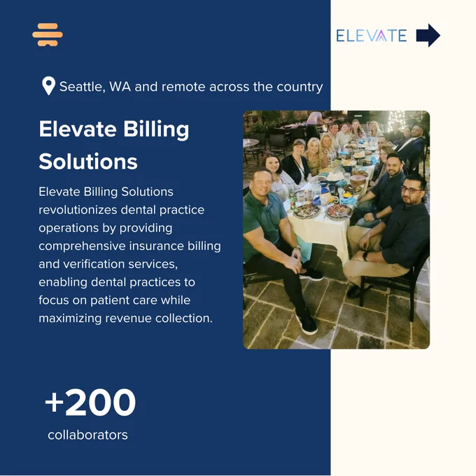 A company profile page for Elevate Billing Solutions, featuring their logo and location in Seattle, WA with remote work options. The page includes descriptive text about their dental practice billing services and shows they have over 200 collaborators. The layout includes a team photo showing employees gathered around a dining table in a casual setting. The page uses a professional navy blue color scheme with white text.