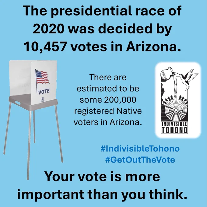 Voting booth set on a light blue background.  Text reads: "The presidential race of 2020 was decided by 10,457 votes in Arizona. There are estimated to be some 200,000 registered Native voters in Arizona. Your vote is more important than you think." (with the first and last sentences bolded) Indivisible Tohono logo inset along with the embedded hashtags #IndivisibleTohono #GetOutTheVote 