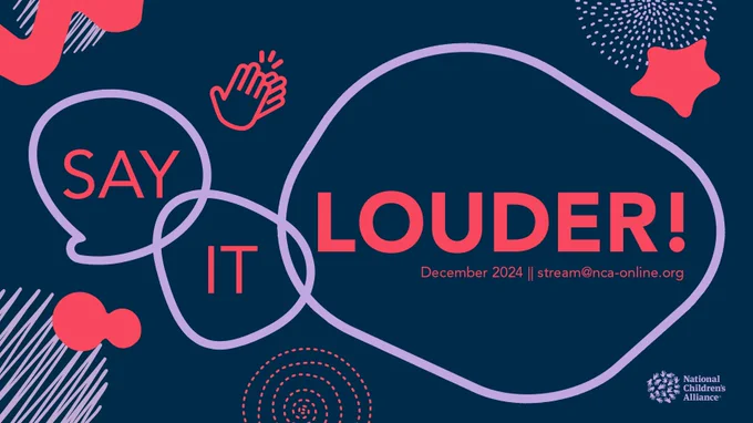 A graphic for NCA's holiday fundraising event. 
It's a dark blue background with various red and lavender shapes, squiggles, and decorations scattered around it.
In the center are outlines of shapes, and in each shape it reads "SAY IT LOUDER!" Underneath "LOUDER!" it reads "December 2024 || stream@nca-online.org. 
