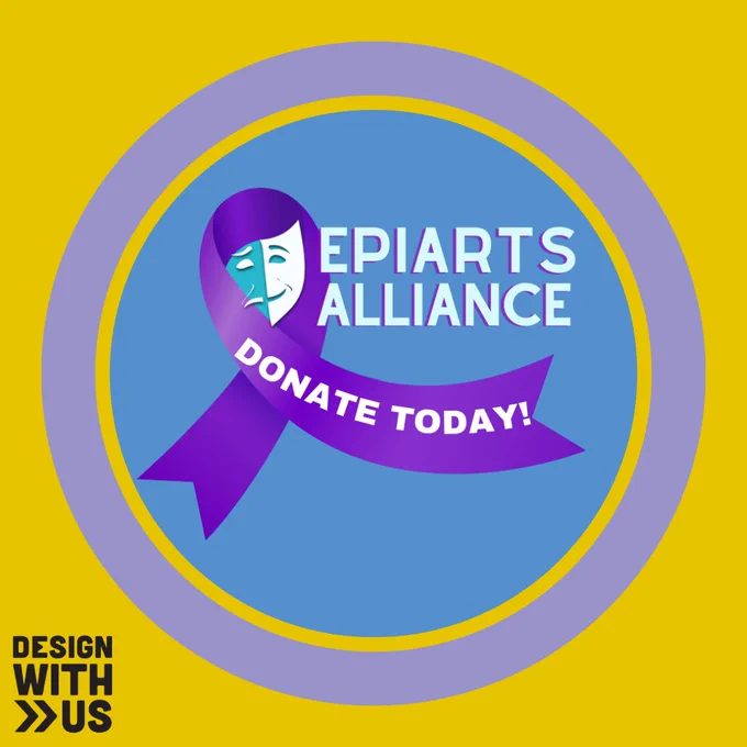 Logo of EpiArts Alliance featuring a stylized face in purple and teal, with a purple ribbon banner stating "Donate Today!" enclosed in a yellow circle. Text includes the organization's name.