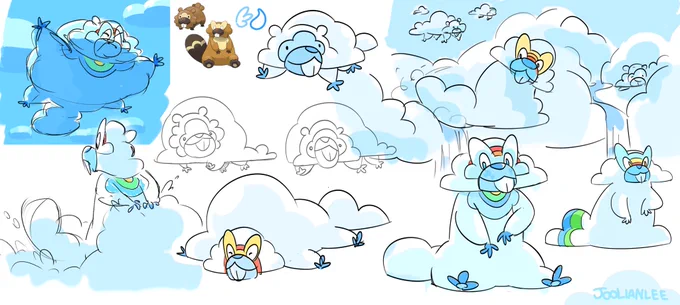 Concept art sheet for cloud-themed flying/water type Bidoof and Bibaerial
