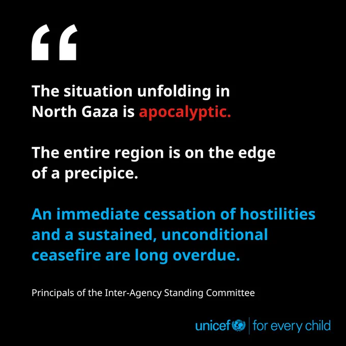 The situation unfolding in 
North Gaza is apocalyptic. The entire region is on the edge of a precipice. An immediate cessation of hostilities and a sustained, unconditional ceasefire are long overdue. - Principals of the Inter-Agency Standing Committee