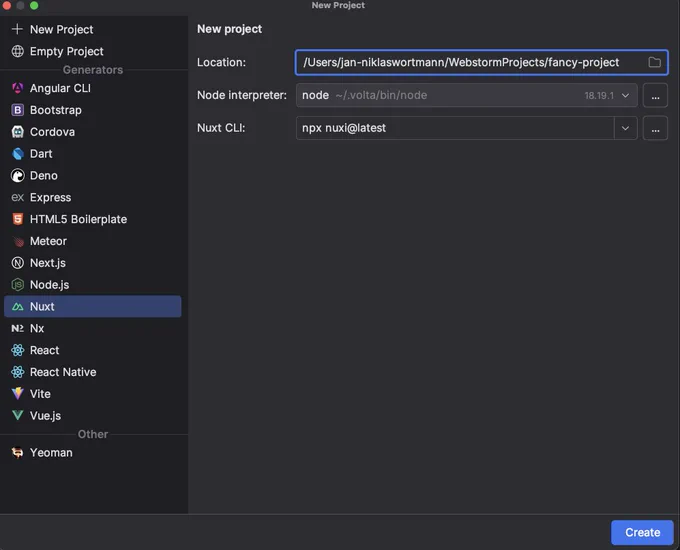 Screenshot of WebStorm new Project screen having a new record for Nuxt Projects