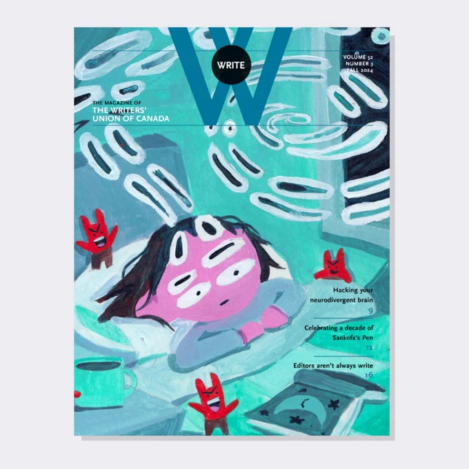 Write magazine cover illustration by Michelle Ku that depicts a spiral of eyeballs emerging from a figure laying in bed, surrounded by little demons, with a book on their lap and a mug on their nightstand.