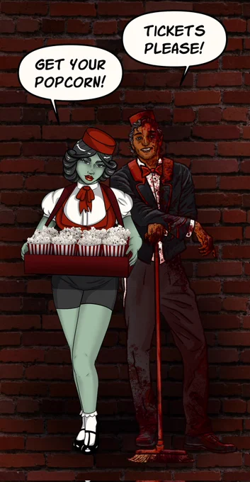 Yana from Celestis by SparkleArts as a monster popcorn girl, and Jalil from A Stick A Stone by Ink & Dagger Productions as a bloodied cinema usher 🎃
