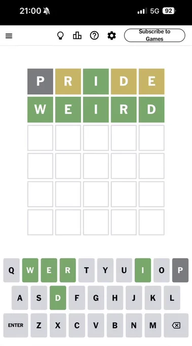 Screenshot of yesterday's Wordle — WEIRD.