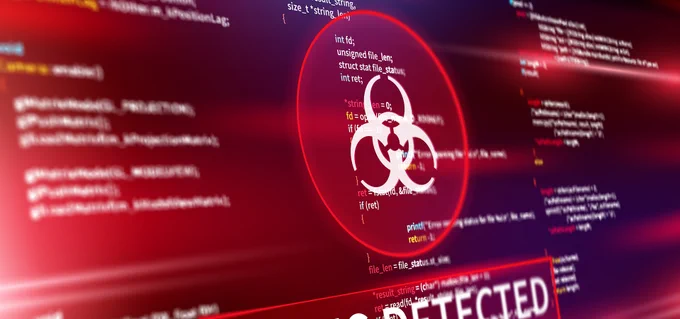Representation of malware displayed over a computer screen