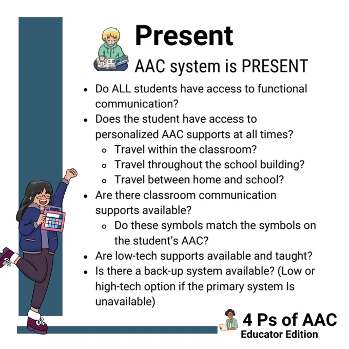There is a teal bar along the left and bottom of the screen. A girl who is holding an AAC device. She has long black hair. She looks like she is cheering for the AAC with excitement.

In the middle of the screen there is a little boy sitting on the ground with a book and an AAC device in his hand. Next to him it says:
Present
AAC System is Present
"Do ALL students have access to functional communication?"
"Does the student have access to personalized AAC supports at all times? Travel within the classroom? Travel throughout the school building? Travel between home and school?"
"Are there classroom communication supports available? Do these symbols match the symbols on the student's AAC?"
"Are low-tech supports available and taught?"
"Is there a back-up system available? (Low or high-tech option if the primary system is unavailable)"

In the bottom right hand corner there is an adult holding an AAC device. Next to her it says "4 Ps of AAC Self-Advocate Edition."