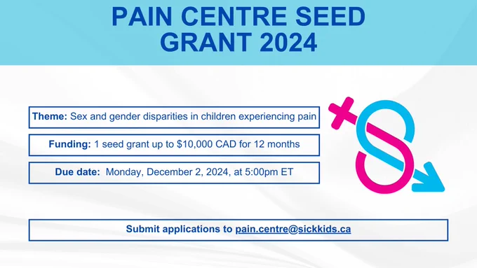 Pain Centre Seed Grant 2024
Theme: Sex and gender disparities in children experiencing pain
Funding: 1 seed grant up to $10,000 CAD for 12 months
Due date: Monday, December 2, 2024, at 5:00pm ET
Submit applications to pain.centre@sickkids.ca