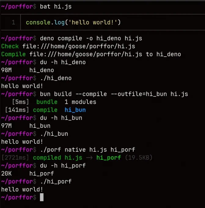 Screenshot of a terminal:

~/porffor$ bat hi.js
console.log('hello world!')
~/porffor$ deno compile -o hi_deno hi.js
Check file:///home/goose/porffor/hi.js
Compile file:///home/goose/porffor/hi.js to hi_deno
~/porffor$ du -h hi_deno
98M     hi_deno
~/porffor$ ./hi_deno
hello world!
~/porffor$ bun build --compile --outfile=hi_bun hi.js
   [5ms]  bundle  1 modules
 [141ms] compile  hi_bun
~/porffor$ du -h hi_bun
97M     hi_bun
~/porffor$ ./hi_bun
hello world!
~/porffor$ ./porf native hi.js hi_porf
[2721ms] compiled hi.js -> hi_porf (19.5KB)
~/porffor$ du -h hi_porf
20K     hi_porf
~/porffor$ ./hi_porf
hello world!