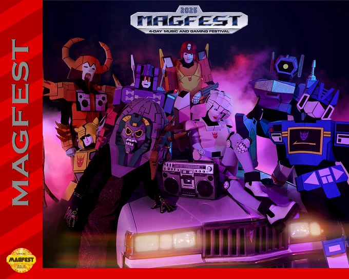 The band photo for Cybertronic Spree is displayed. The robot rockers wear full suits of cybernetic armor modeled after various Transformers characters. They sit stop a car surrounding a retro boombox
