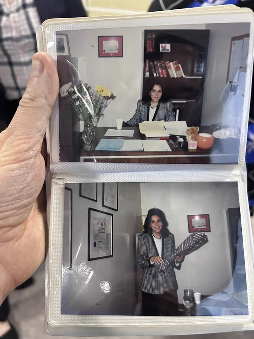 Two old photos of a woman with dark hair in an office from 1980s