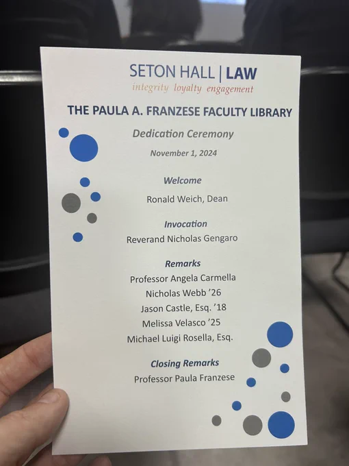 Invitation for the dedication of the faculty library to Paula Franzese