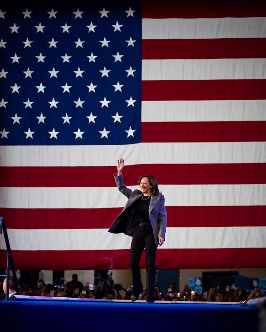 Vice President Kamala Harris waving during a campaign event. Behind her is the American flag. 