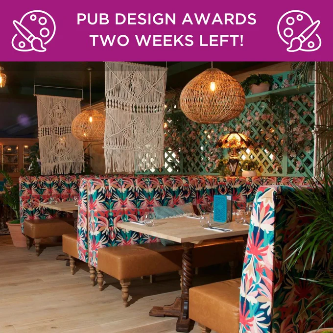Pub Design Awards Two Weeks Left! White text on top of a purple background with two images of art board and brush. Above an image of the inside of the Hall & Woodhouse in Taplow.