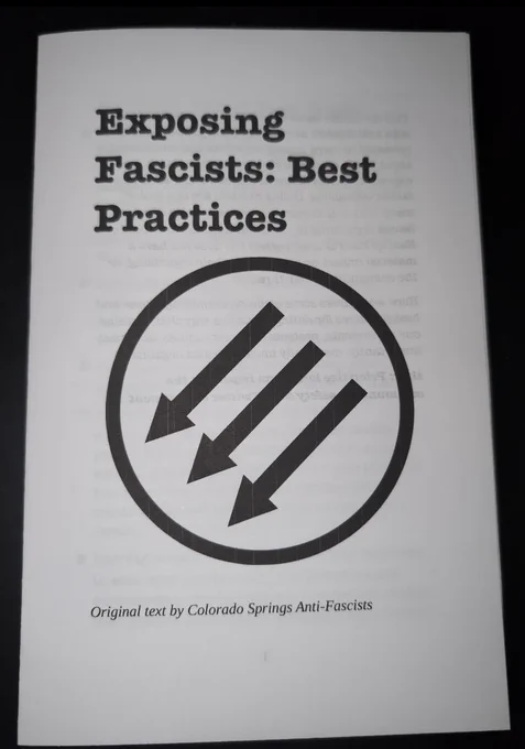 A printed version of Exposing Fascists: Best Practices

The three arrow logo is on the front