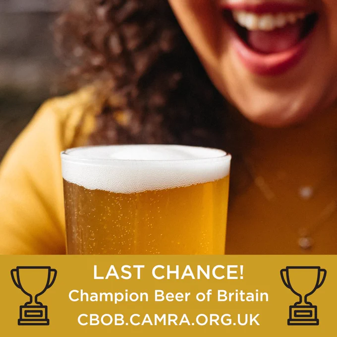 A woman smiling with a pint of beer and a golden strapline at the bottom stating Last chance Champion Beer of Britain with a link to vote cbob.camra.org.uk