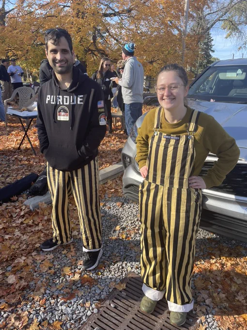 Mike and Stephanie in Purdue striped overalls