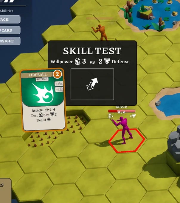 Game UI of a Skill Test in a tactical card game: Willpower (3) vs Defense (3)