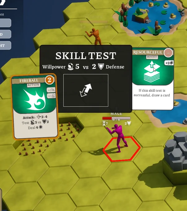 The same skill test, but an extra card has been added, boosting the test to Willpower (5) vs Defense (3). The additional card reads "If this skill test is successful, draw a card"