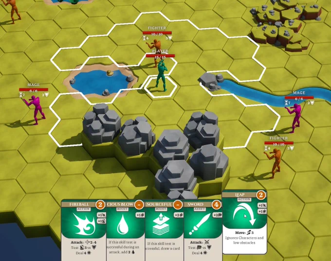 Screenshot of a tactical card game on a hexagon grid. The user is hovering a Card that reads "Leap. Move: Range 3. Ignore Characters and low obstacles". On the hexagon grid, the range of this movement is shown