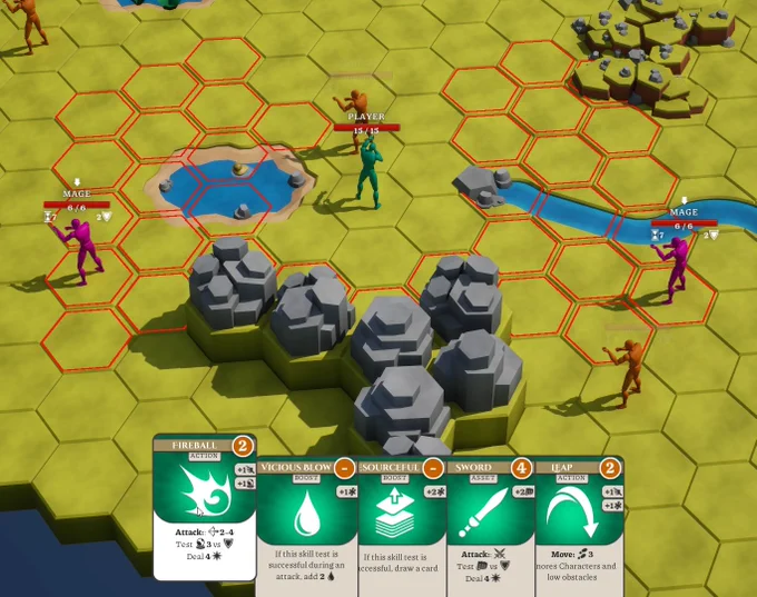Screenshot of a tactical card game on a hexagon grid. The user is hovering a Card that reads "Fireball. Attack: Range 2-4. Test Willpower vs Defense. Deal 4 Damage". On the hexagon grid, the range and possible targets of this attack have been highlighted