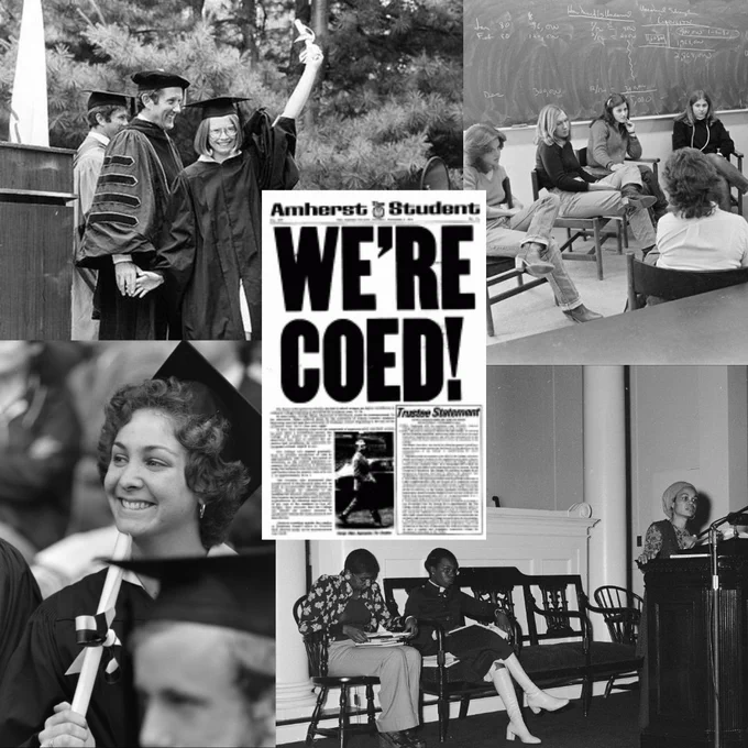 Collage celebrating coeducation at Amherst College, featuring historical photos of students in academic settings, a graduation scene, and a headline from the Amherst Student newspaper announcing "WE'RE COED!"