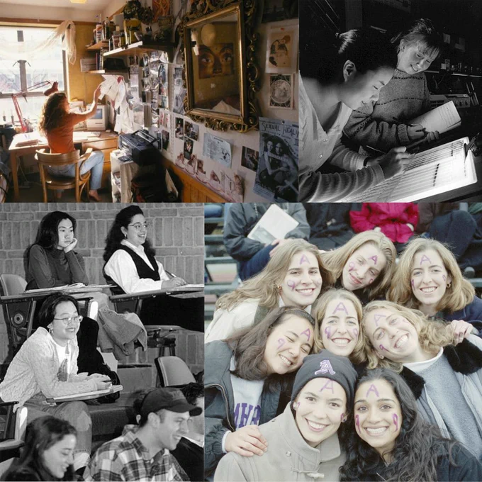 A collage of images showing women in academic and social settings, including studying in a library, classroom interactions, and a group of friends smiling together at a homecoming game.