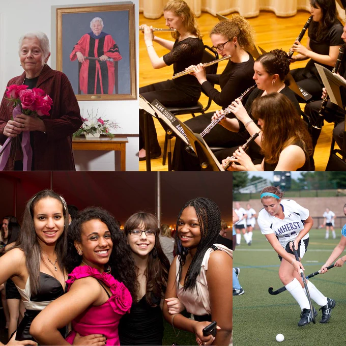 Collage of four images: Top left shows Rose Olver, the first woman tenure-track faculty member, holding roses next to a portrait of herself in academic regalia. Top right features a group of woman musicians playing flutes. Bottom left shows four smiling friends embracing each other. Bottom right depicts a female athlete in an Amherst jersey playing field hockey.