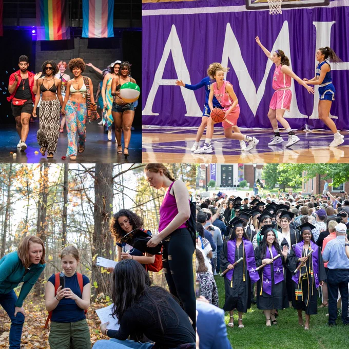 A collage of four scenes: A group of diverse students of varying genders walking in a fashion show with a Pride and transgender flag in the back. The women's basketball team playing an intense game in front of a purple Amherst banner. Five women holding notebooks and doing research outside among trees and fall foliage. A graduation ceremony where all three class marshals are female students.