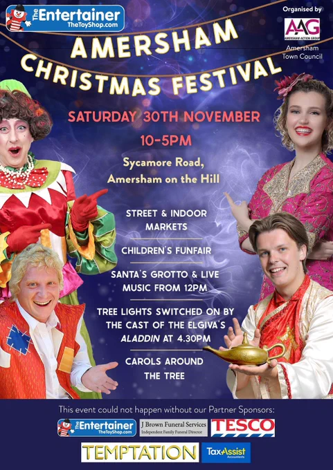 Amersham Christmas Festival poster - street & indoor market, funfair, Santa’s grotto, entertainment and so much more