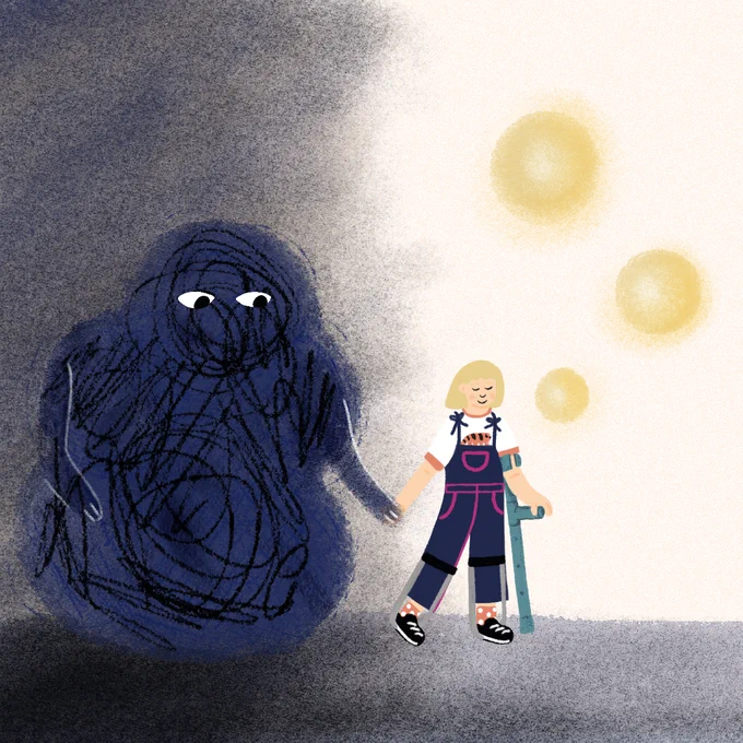 An illustration of a girl wearing dungarees and AFOs (braces that go from her foot to her knee to help support her ankle and foot) and using a crutch is walking from darkness into light. She has her eyes closed and is smiling – she looks peaceful. She’s leading a dark blue ‘creature’ by the hand – the creature is taller than her and has eyes but no other facial features.