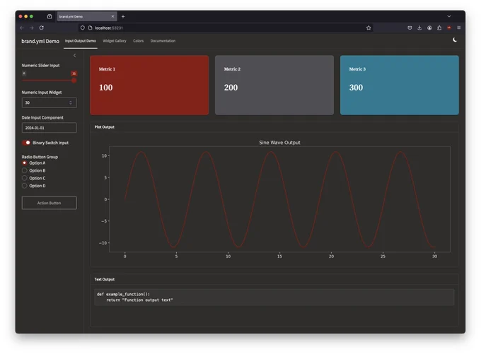 An **unofficial** implementation of Stanford Identity Guidelines with the new _brand.yml Specification being applied in a Shiny for Python application. This screenshot shows the "dark mode" being activated.