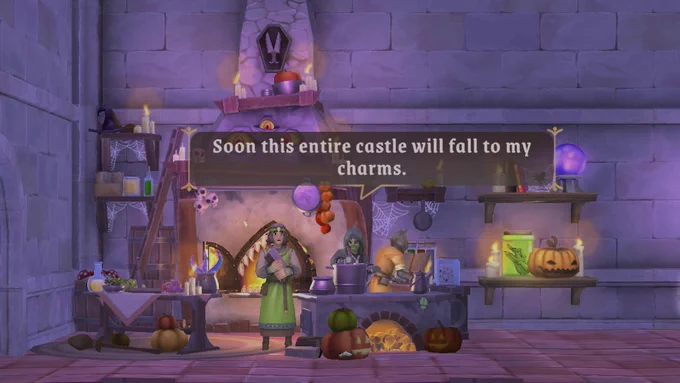 A screenshot from The Elder Scrolls: Castles featuring Morga the Witch saying "Soon this entire castle will fall to my charms."