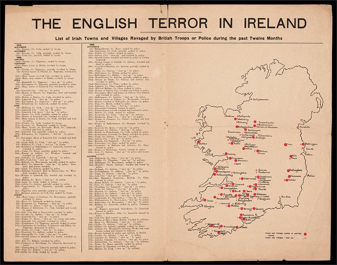 A map of Ireland with red dots marking sites of violence and a list of the sites of violence