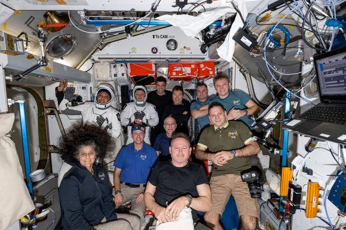 he Expedition 72 crew poses for a group portrait ahead of the departure of NASA's SpaceX Crew-8 mission. From top left is NASA astronaut Jeanette Epps, Roscosmos cosmonaut Alexander Grebenkin, astronauts Matthew Dominick and Mike Barratt, and cosmonauts Alexey Ovchinin and Aleksandr Gorbunov. From bottom left are astronauts Suni Williams, Nick Hague, Don Pettit and Butch Wilmore, and cosmonaut Ivan Vagner.