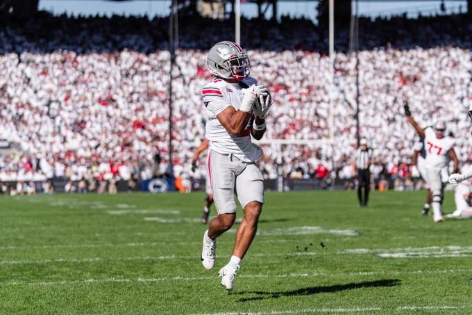Football player catches the ball.
