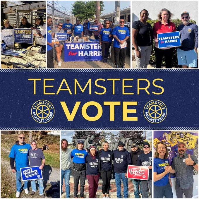 A photo collage of Teamsters Against Trump. The middle says Teamsters Vote in gold writing on a blue background. There are two Teamsters Against Trump wheels on either side. 