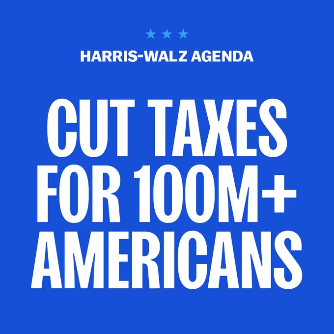Promotional graphic in blue with text stating "HARRIS-WALZ AGENDA, CUT TAXES FOR 100M  AMERICANS" with three stars at the top.