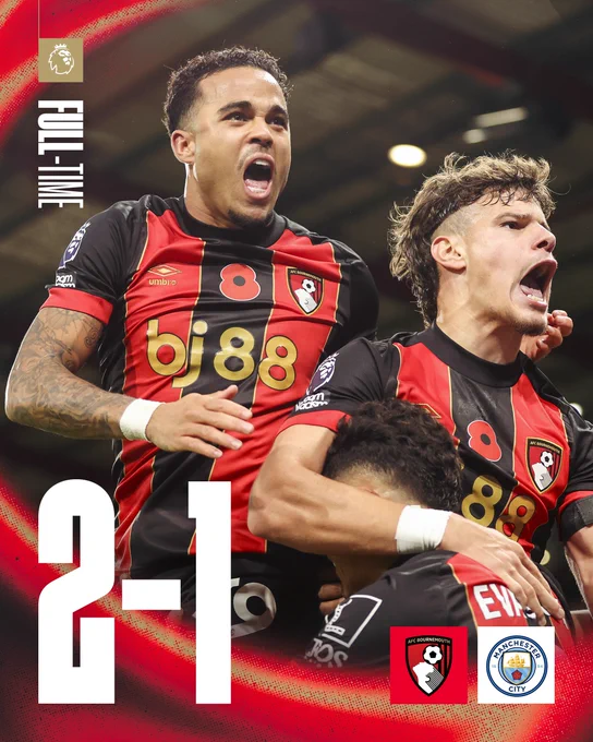 Full-time: AFC Bournemouth 2-1 Manchester City
