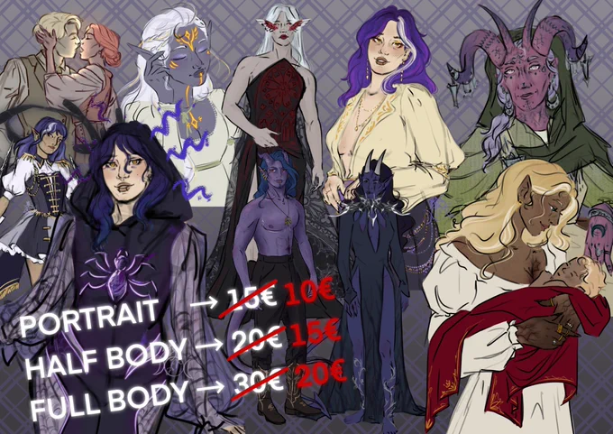 The image shows various examples of colored sketches in a loose quick style with minimal to no shading. The prices are listed as 10€ for a portrait, 15€ for a half body and 20€ for a full body