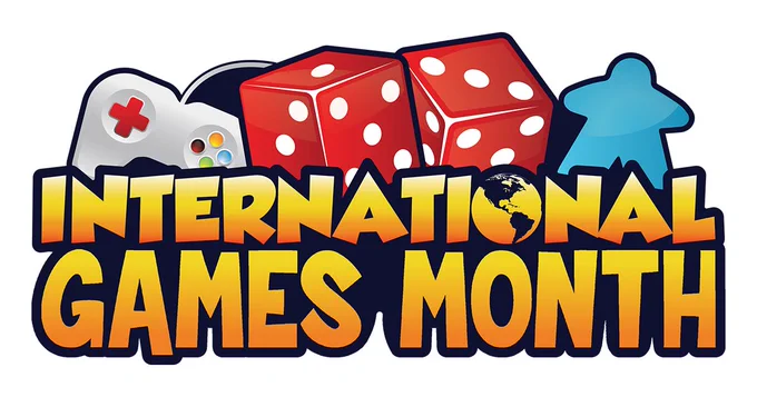 International Games Month Illustration with dice and gaming controller.