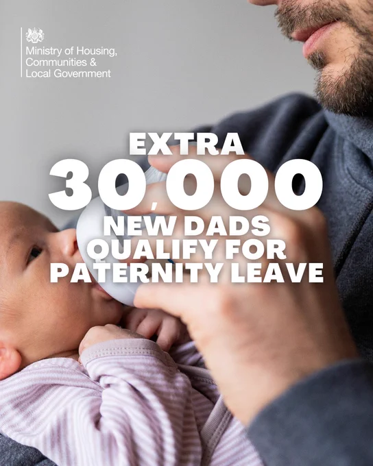 Graphic  saying that an additional 30,000 new dads qualify for paternity leave, featuring an adult holding a baby's hand.