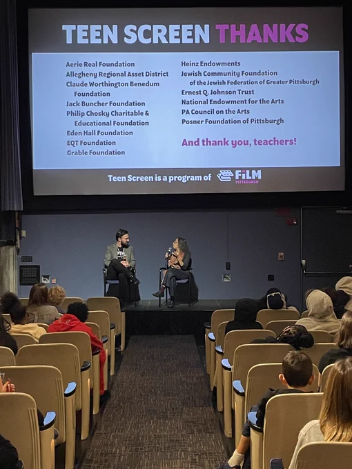 1)Teen Screen Assistant Director James Ingoldsby with Film Director and child of transported Holocaust Survivor Melissa Hacker. 2)Students from Pgh Obama and CDS ask questions. 3)Teen Screen Director Lori Sisson with Volunteer Nancy Tuckfelt.
