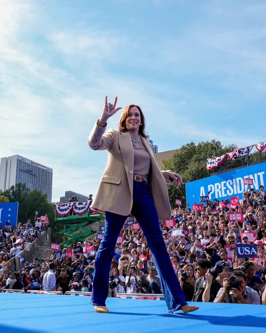 Vice President Kamala Harris flashes an "I love you" sign while walking on a stage at a political rally. There are enthusiastic supporters in the background, and banners with the words "FREEDOM" and "A PRESIDENT FOR ALL." The setting includes a clear blue sky.