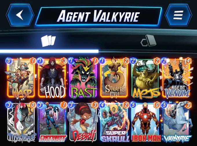 # (0) Wasp
# (1) The Hood
# (1) Bast
# (1) Squirrel Girl
# (2) Mojo
# (2) Agent Venom
# (3) Mystique
# (3) Patriot
# (3) Debrii
# (4) Super-Skrull
# (5) Iron Man
# (5) Valkyrie
#
V3NwNCxIZDQsQnN0NCxTcXJybEdybEMsTWo0LEFnbnRWbm1BLE1zdHE4LFB0cnQ3LFNwclNrcmxsQixWbGtyOCxJcm5NbjcsRGJyNg==
#
# To use this deck, copy it to your clipboard and paste it from the deck editing menu in MARVEL SNAP.