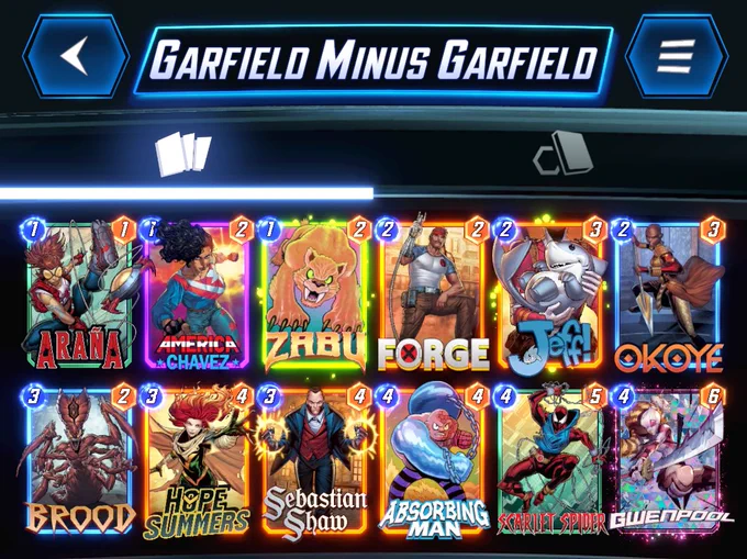 # (1) Araña
# (1) America Chavez
# (1) Zabu
# (2) Forge
# (2) Jeff the Baby Land Shark
# (2) Okoye
# (3) Brood
# (3) Hope Summers
# (3) Sebastian Shaw
# (4) Absorbing Man
# (4) Scarlet Spider
# (4) Gwenpool
#
QXJuNSxBbXJjQ2h2ekQsWmI0LEZyZzUsSmZmVGhCYkxuZFNocmsxNCxPazUsQnJkNSxIcFNtbXJzQixTYnN0blNod0QsQWJzcmJuZ01uQyxTY3JsdFNwZHJELEd3bnBsOA==
#
# To use this deck, copy it to your clipboard and paste it from the deck editing menu in MARVEL SNAP.