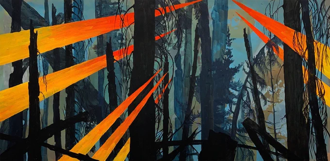 The watercolour painting depicts a dense forest ravaged by wildfire. Charred tree trunks loom darkly against a muted blue and grey backdrop, as bright beams of flame-coloured light pierce through the devastated landscape.