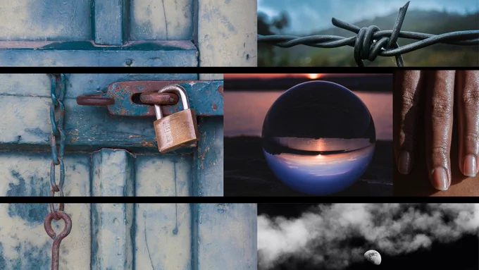 Collage: Blue barn door with lock on it, a glass globe showing an upside-down sunset, brown fingers, a barb wire, a white moon in a black sky with white clouds